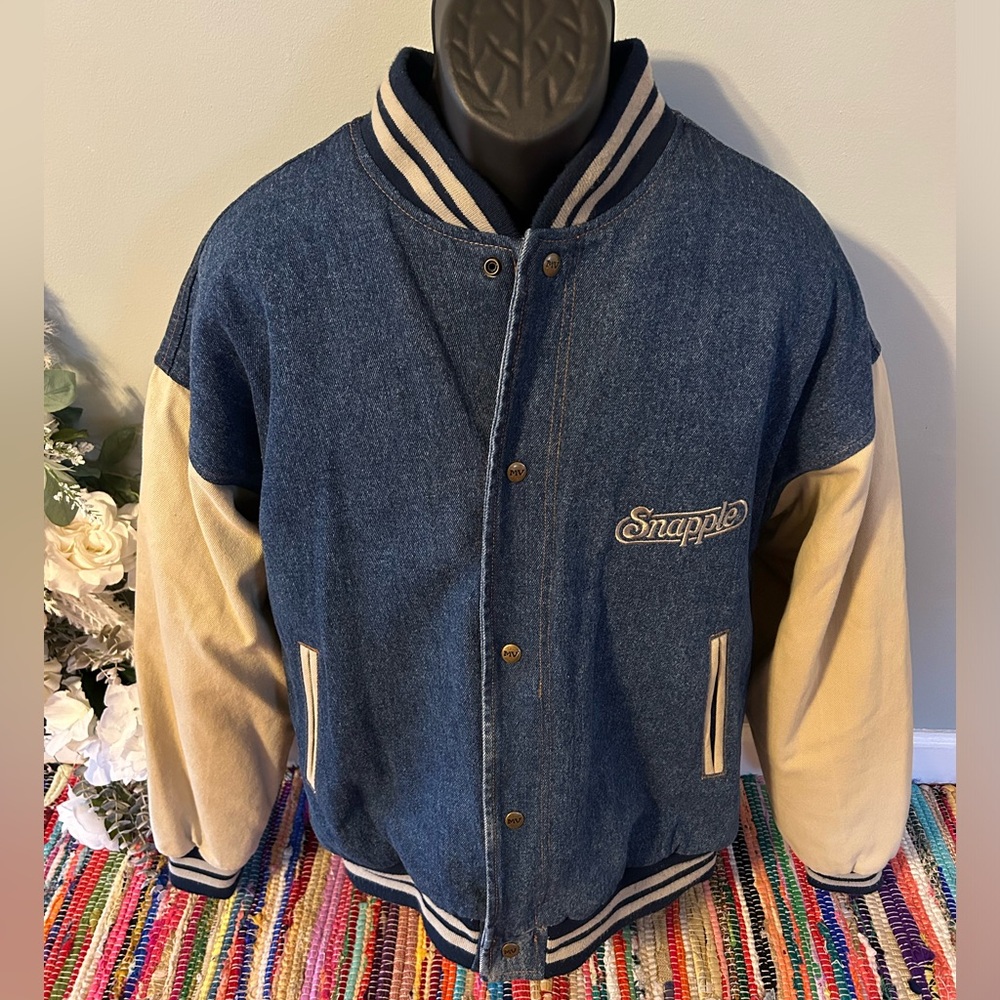 90s Snapple Denim Varsity Jacket Bomber Coat Button Front XL - Picture 3 of 7